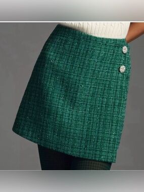 Anthropologie Corey Lynn Calter Green Tweed Skort with Rhinestone Buttons